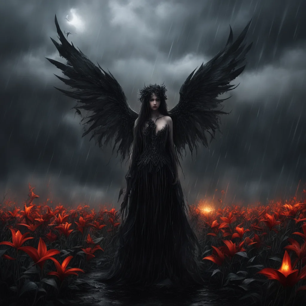 aicinematic dark fantasy sorrow lillies thornes clouds rain embers angel confident engaging wow artstation art 3