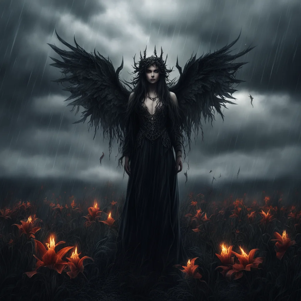 aicinematic dark fantasy sorrow lillies thornes clouds rain embers angel