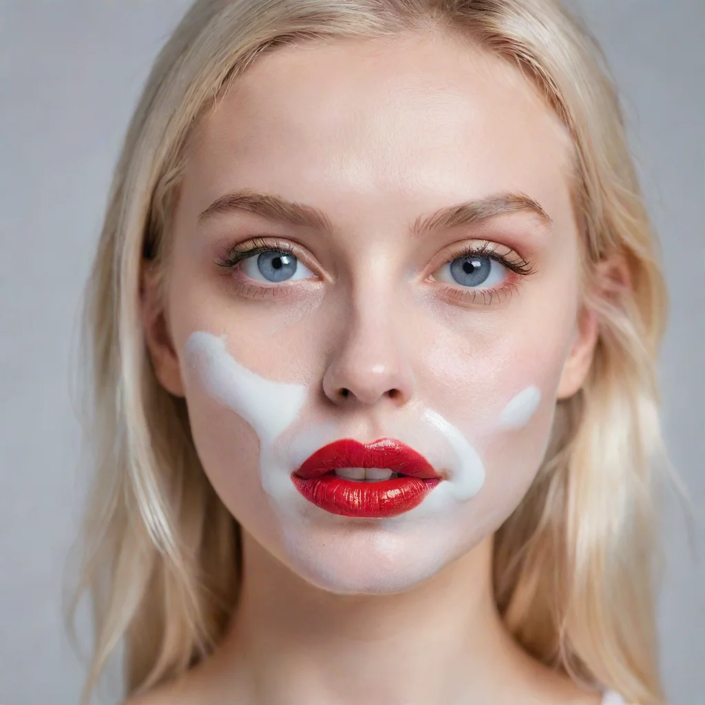close up portrait of blonde young woman with red lips and yoghurt spitted on face