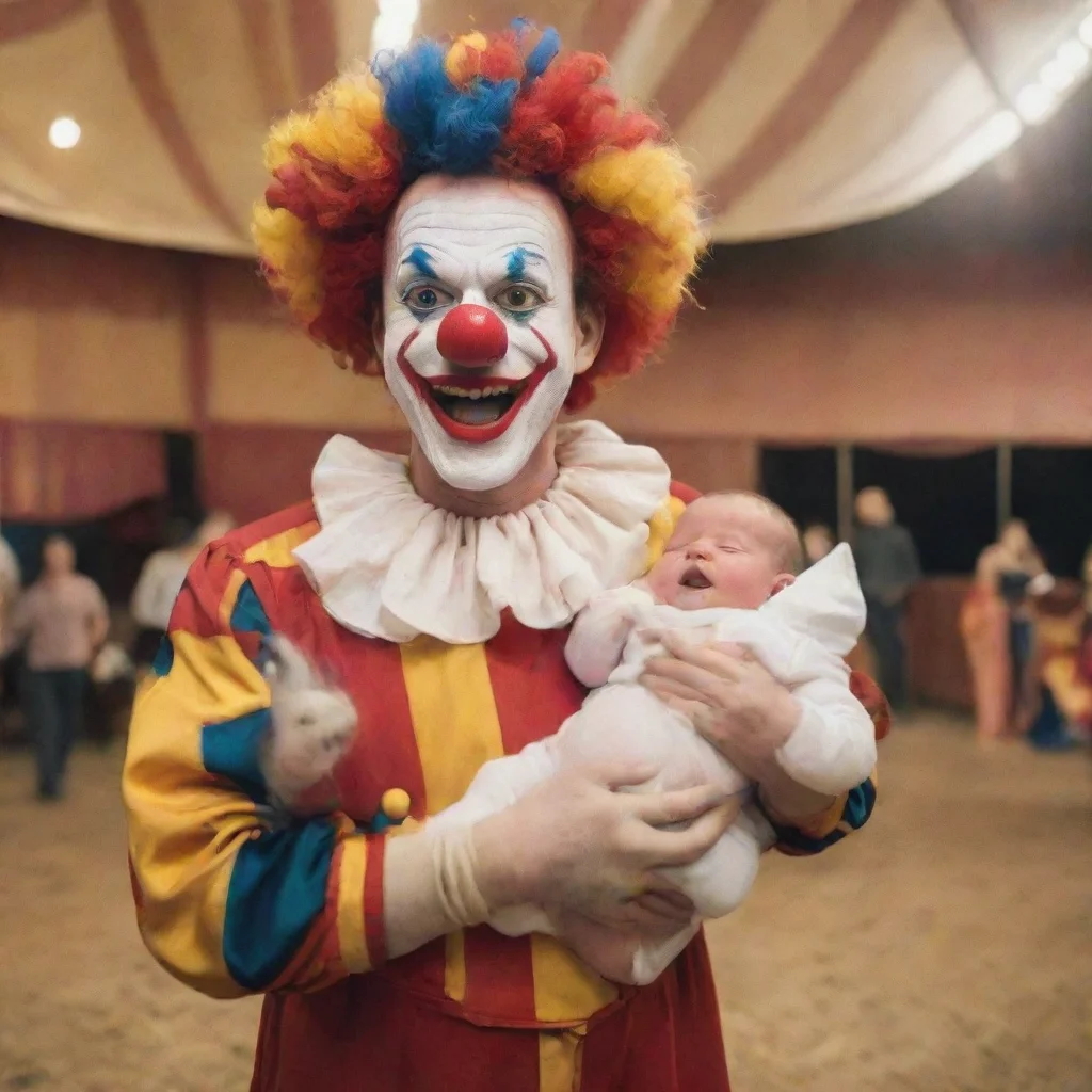 aiclown holding newborn baby in a circus