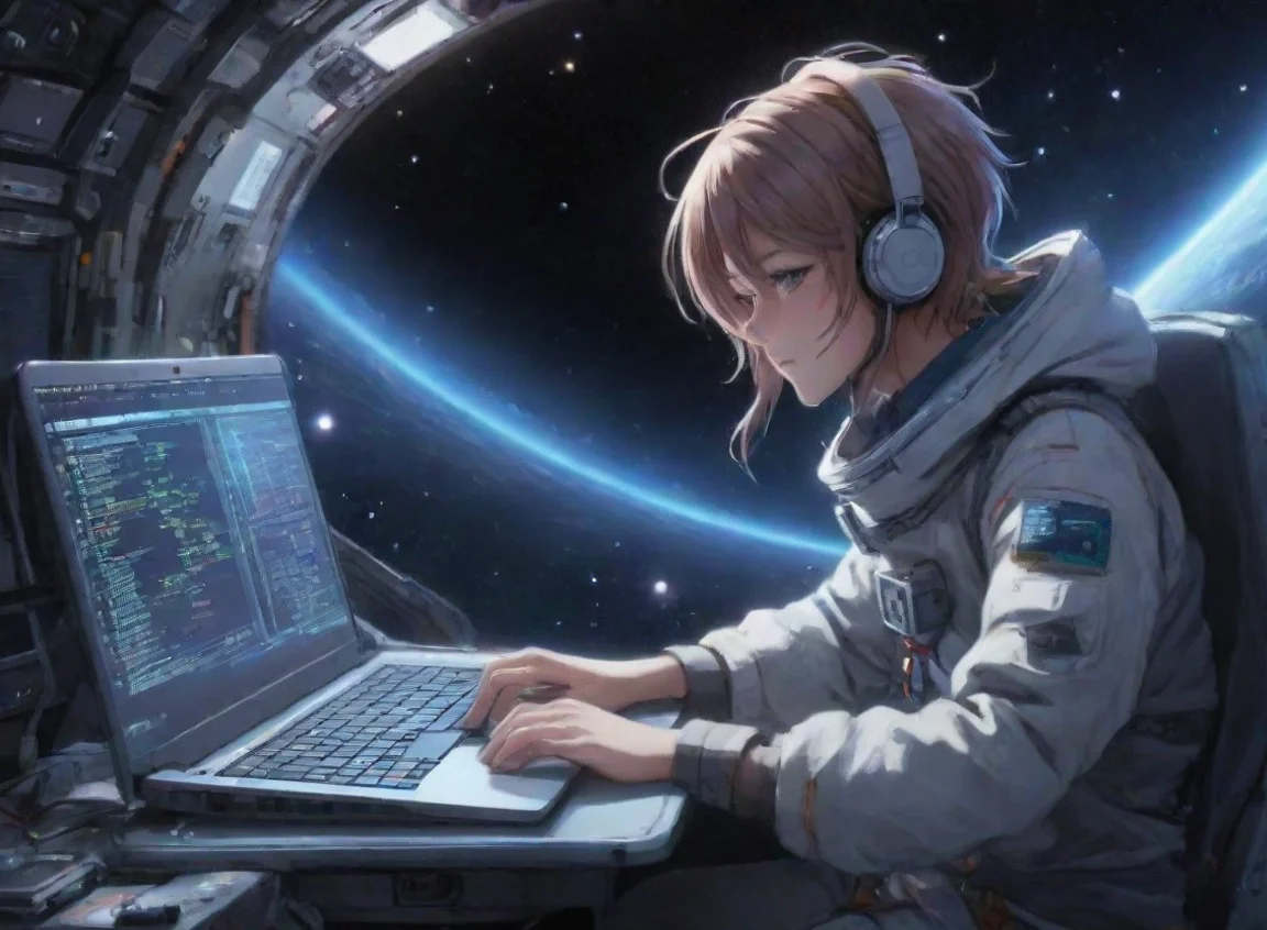 coding on laptop in space anime hd artistic detailed aesthetic landscape43