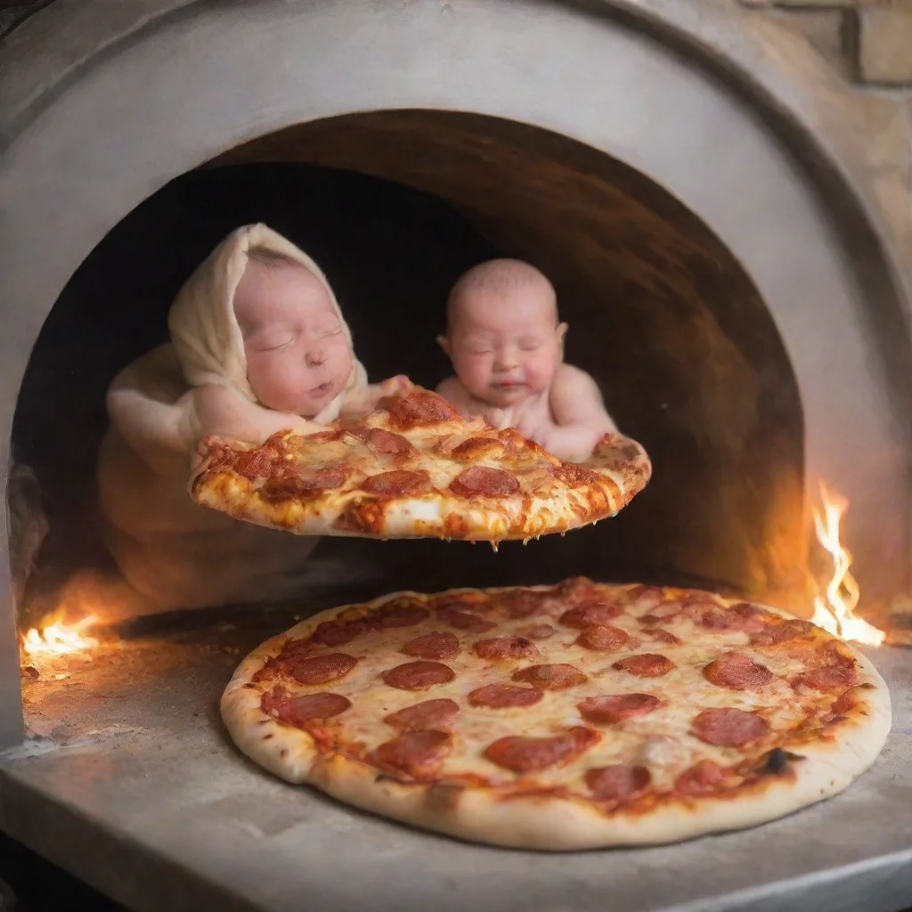 aicooks put a newborn baby on a pizza into a pizza oven