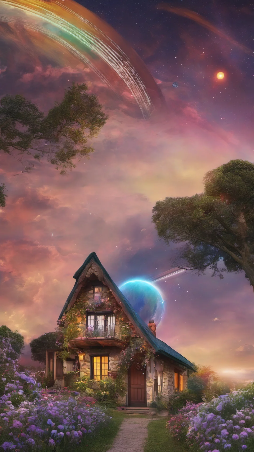 aicottage with colorful earth like glowing circle planet with saturn rings at the top of the sky amazing awesome portrait 2 tall