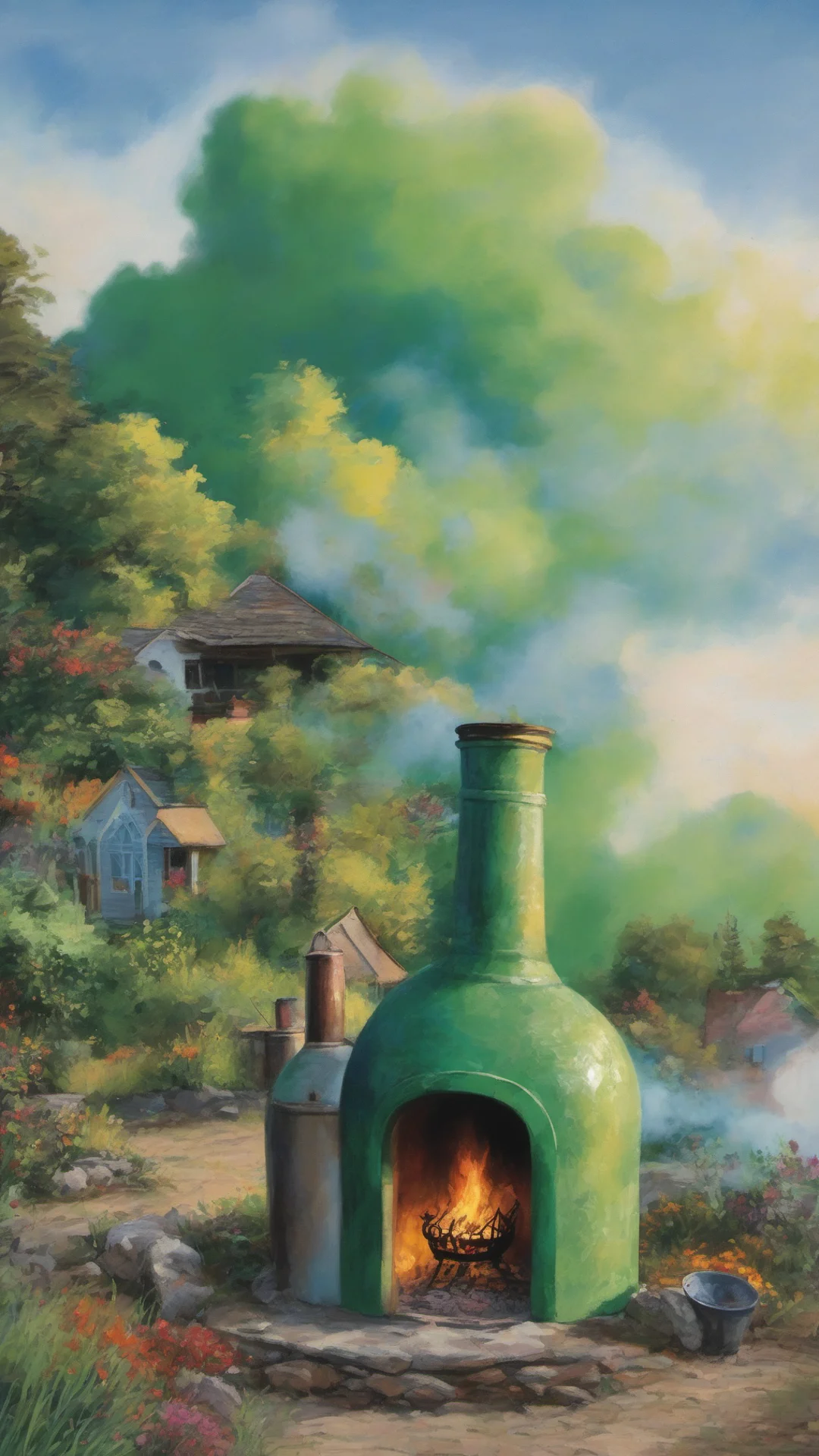 aicottage with colorful green and blue earth like planet rising above smoke from chiminea good looking trending fantastic 1 tall