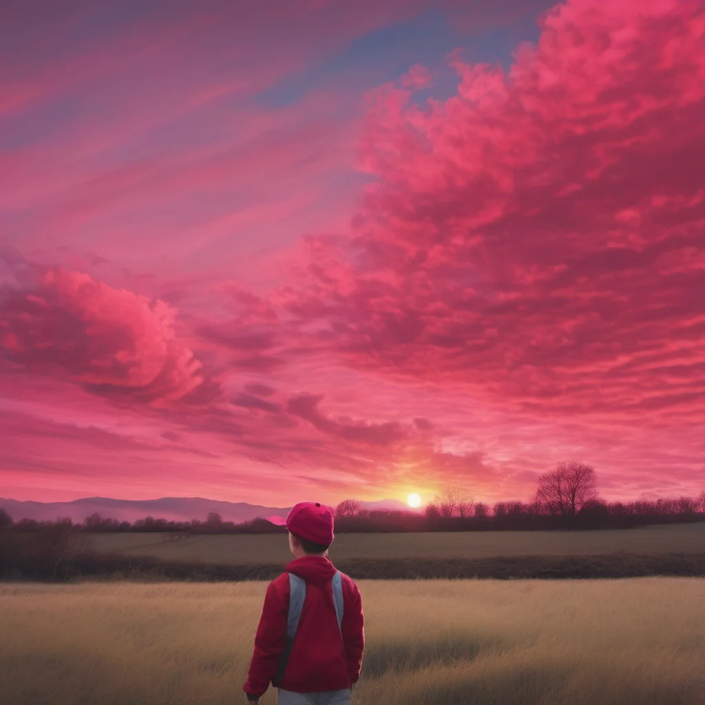 county side boy enjoying red pink clouds in sunset cold