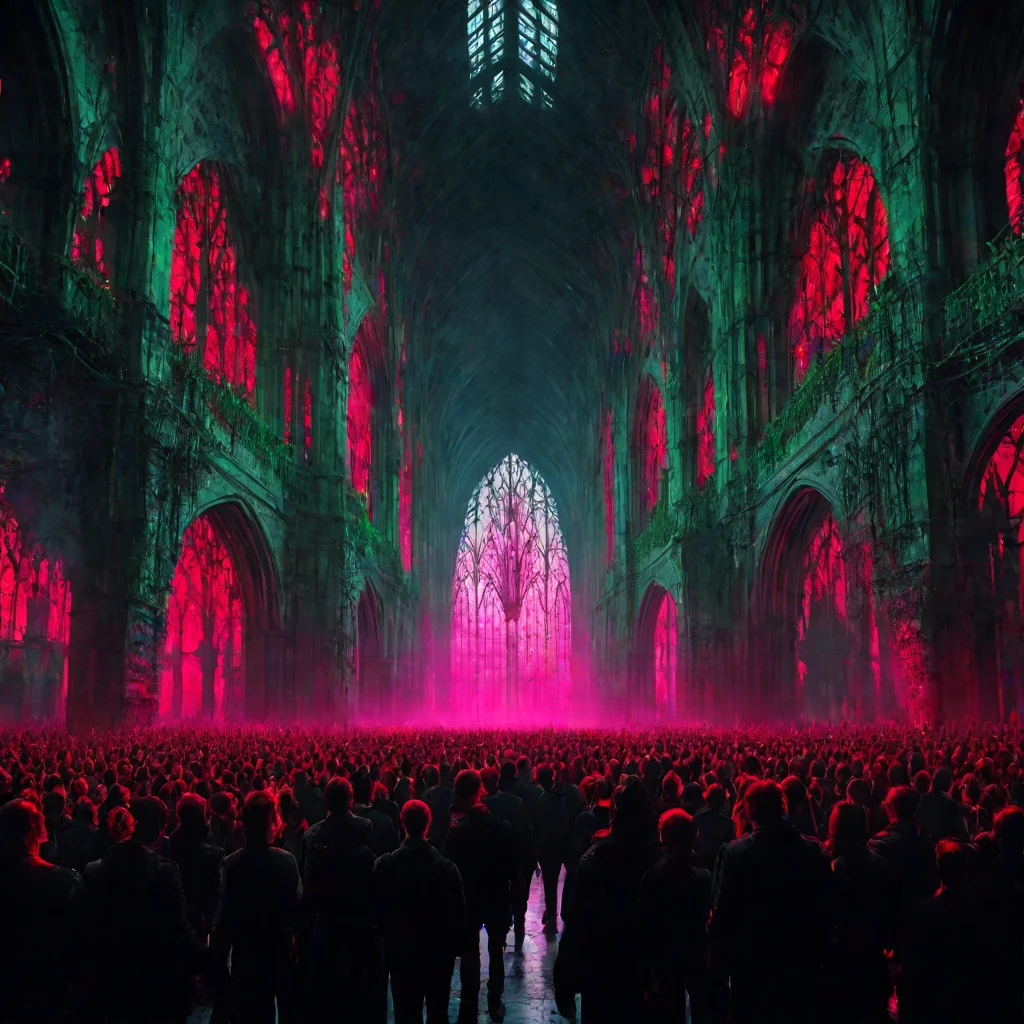 aicrowds of vampires inside a industrial cathedral goth gothic black red green neon laser metal spikes thorns overgrown ro