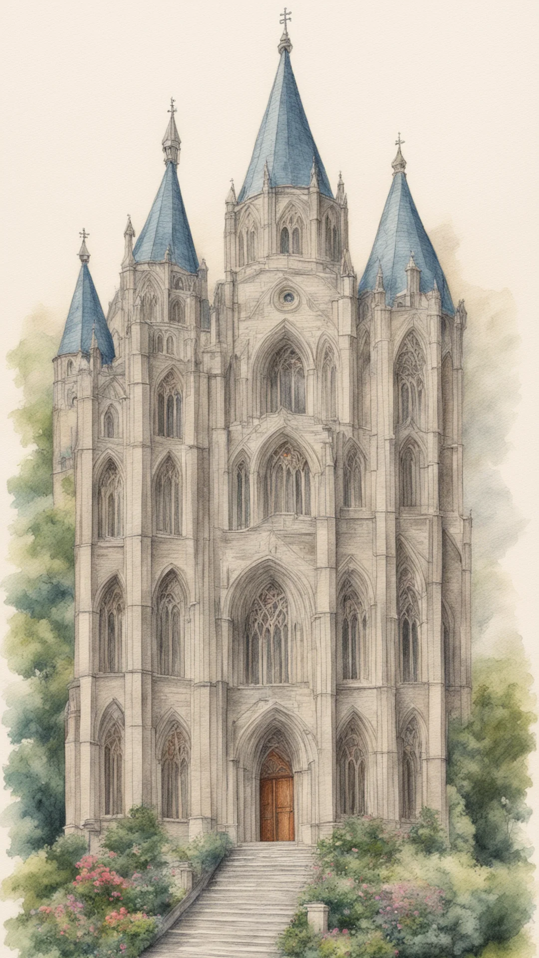 crude color pencil drawing of a beautiful church tall