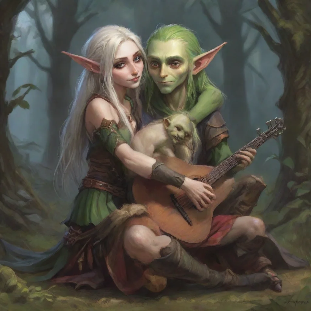aicuddling skinny high elf bard and goblins