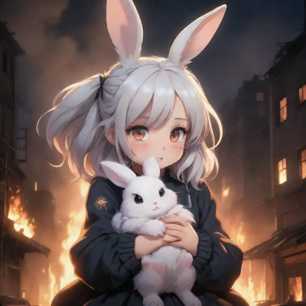 cute anime style furry rabbit woman ruffled hair crying holding a baby rabbit in a burning city warzone nighttime