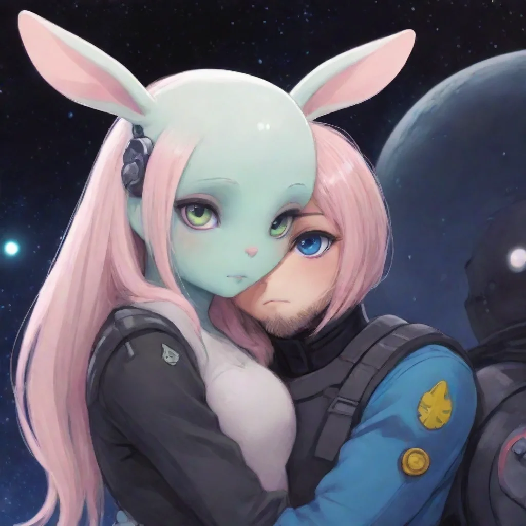 aicute anime styled feminine anthropomorphized alien bunny emo woman hugging a bearded swedish male space soldier