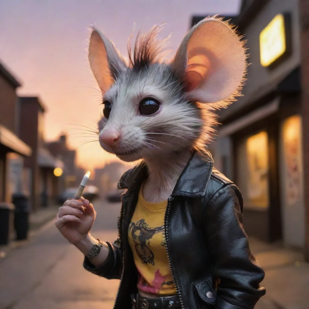 aicute female anthropomorphic furry rat punk cigarette alley sunset