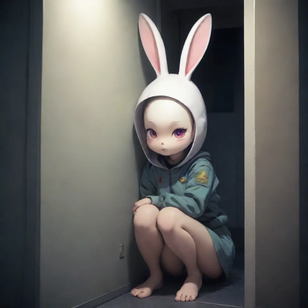 aicute scared anthropomorphized alien bunny woman hiding from swedish space soldier apartment nighttime anime style