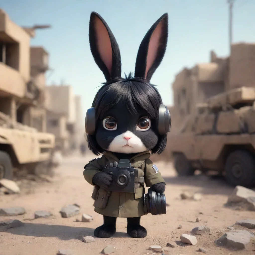 cute serious cartoon anthropomorphic black haired rabbit woman with camera in warzone