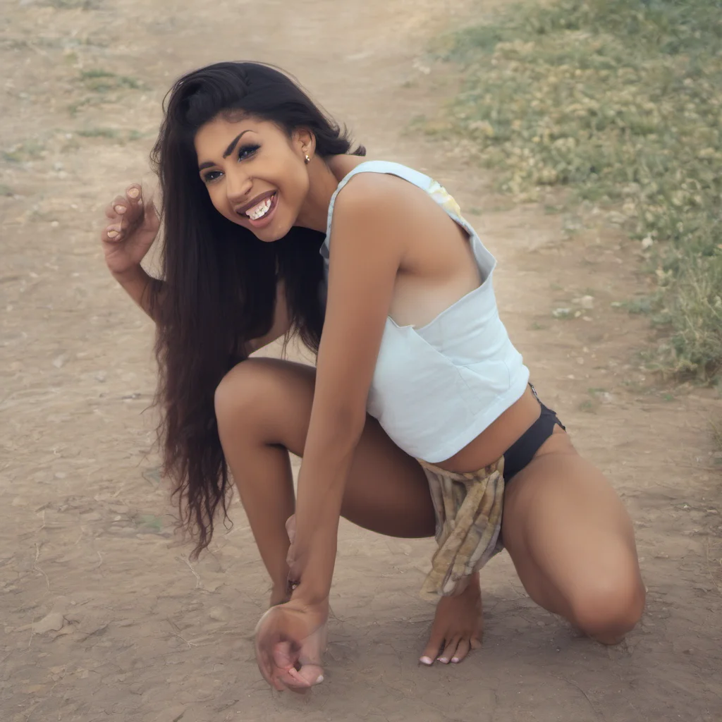 aicute woman kneels with mputh wide open and tongue out