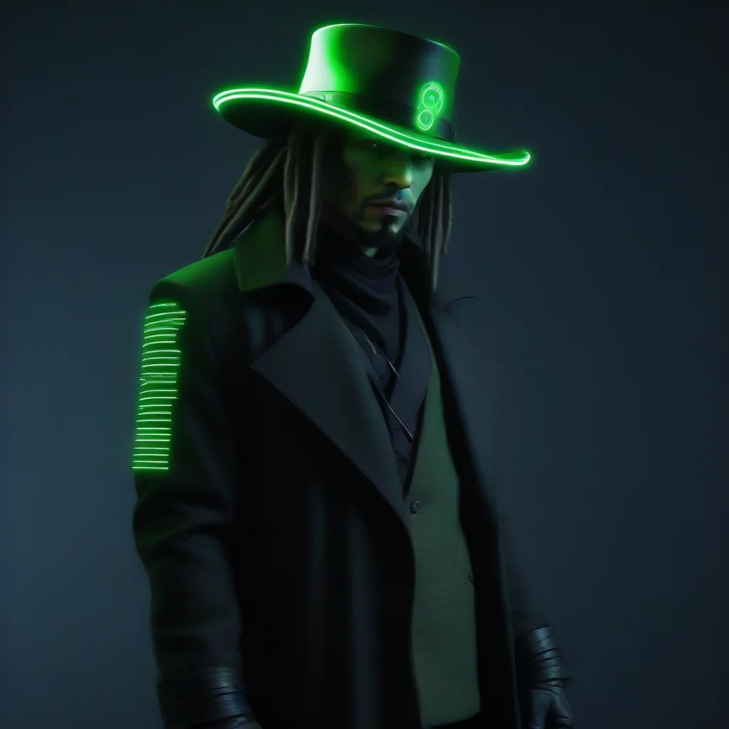 aicyberpunk dreadlocked desperado hat coat neon matrix revolver green