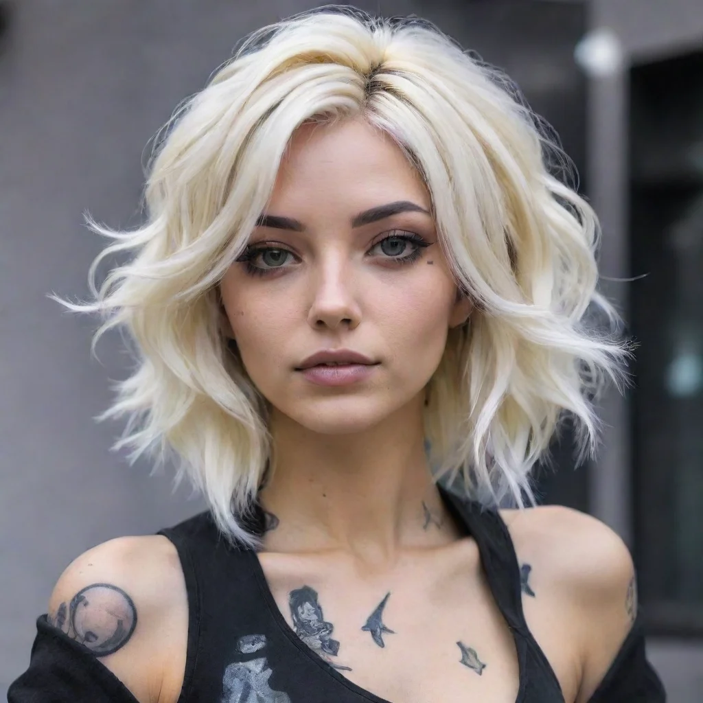 cyberpunk nomad with platinum blonde wavy bob with black roots