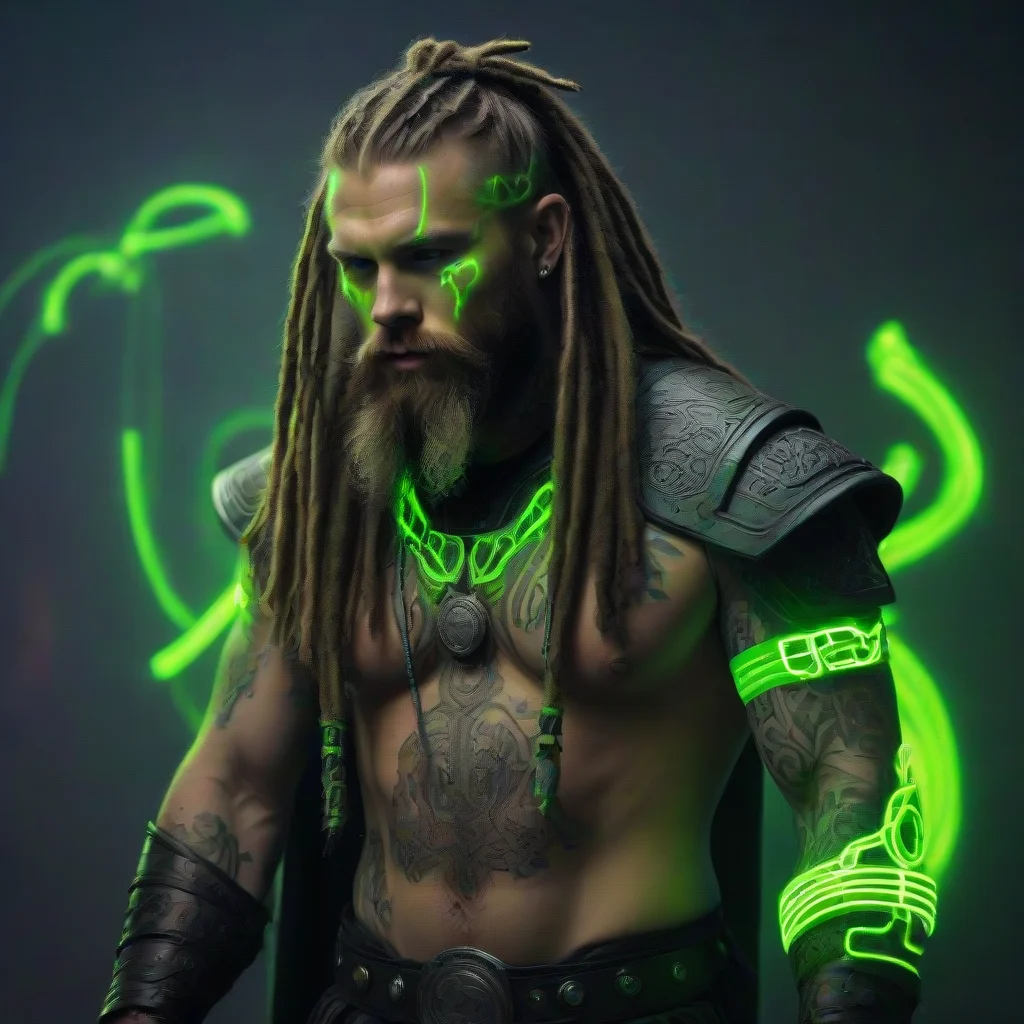 aicyberpunk viking neon green light tattooed bearded dreadlocks wild holy thor matrix 