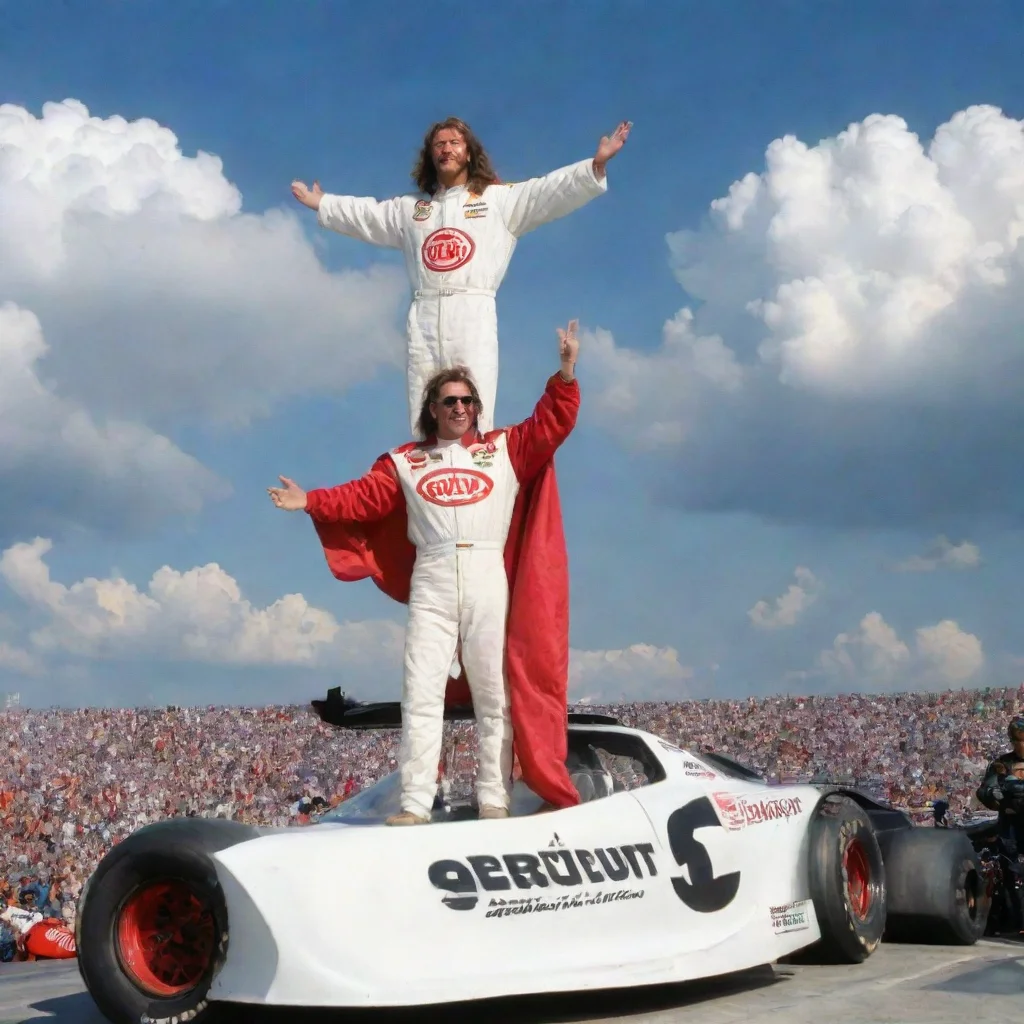 aidale earnhart standing on top of his racecar in heaven with jesus in background