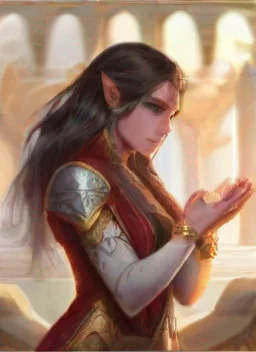 dark elf with long straight hair wearing a red and white dress with gold trims gently holding a diamond on the palm of her hands with a lion by her side