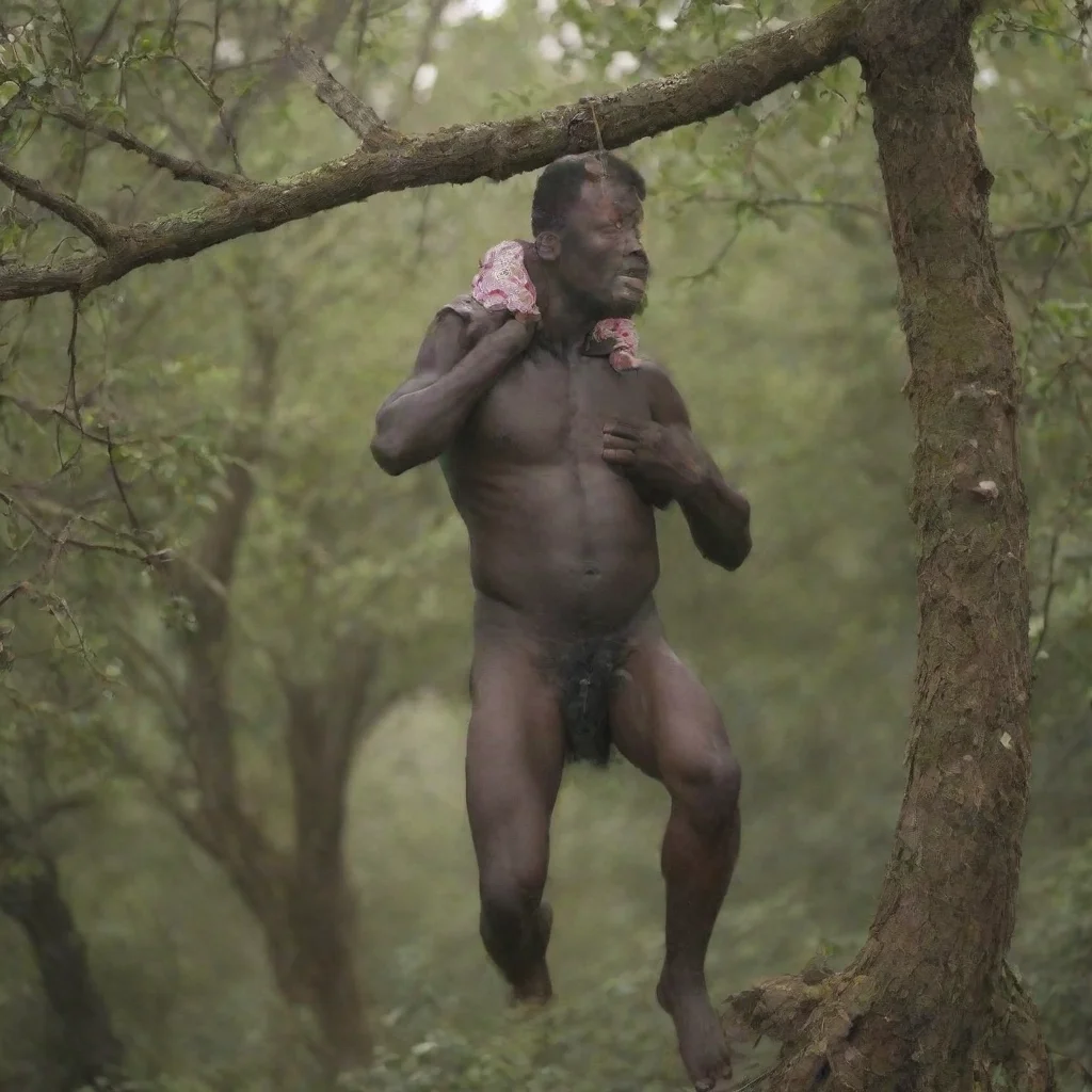 aidark man hanging a nwborn baby from a tree