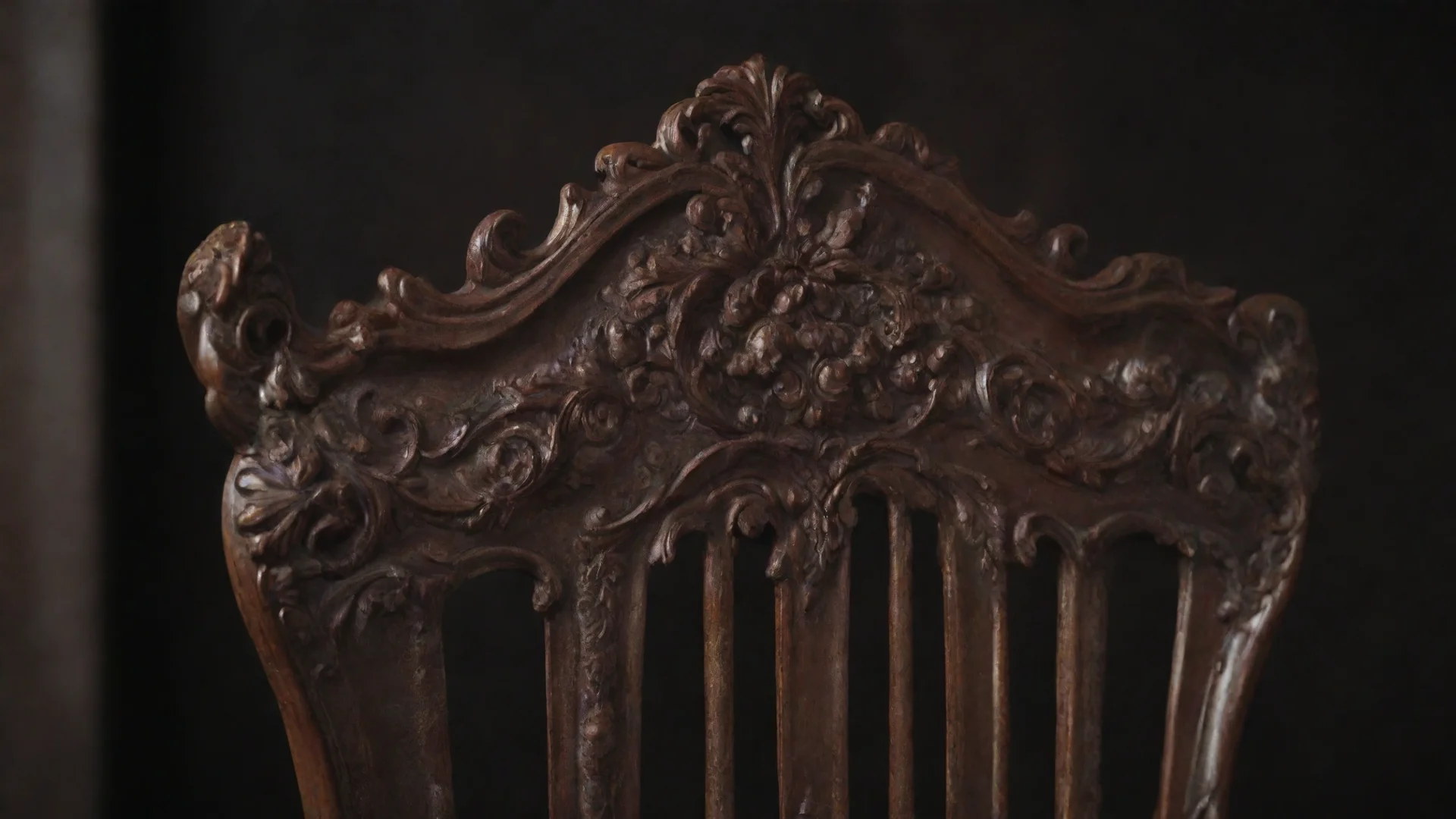 aidetail view of an ornate chair back dark brown at the edge blurred with high craftsmanship and dark background hdwidescreen