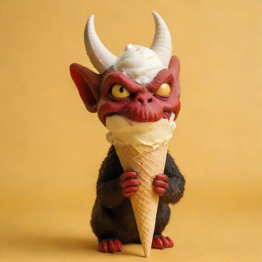 aidevil licking a vanilla icecream cone with yellow background 