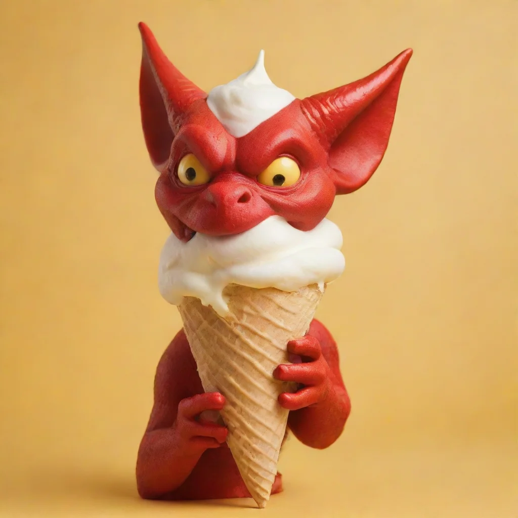 aidevil licking a vanilla icecream cone yellow background