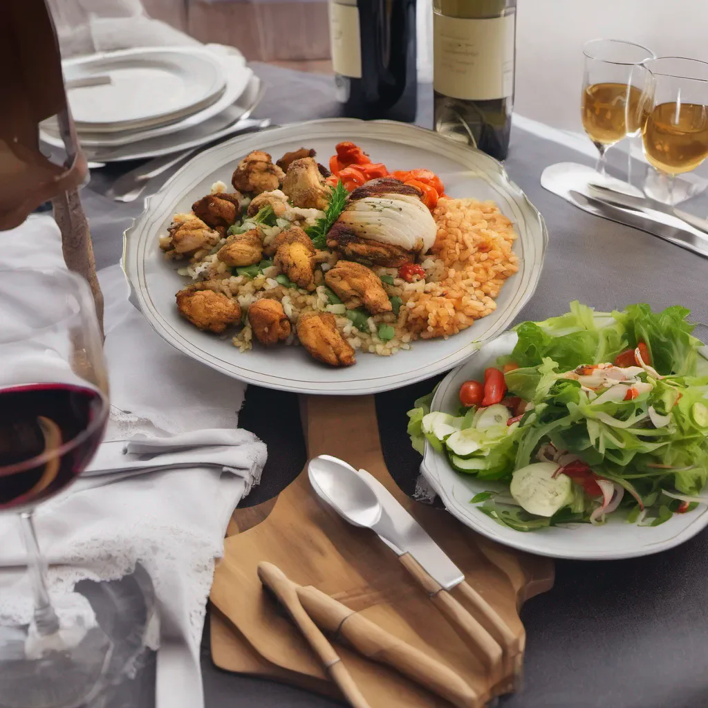 aidibuja un plato de arroz con pollo y ensalada sobre una mesa lujosa y una copa de vino confident engaging wow artstation art 3