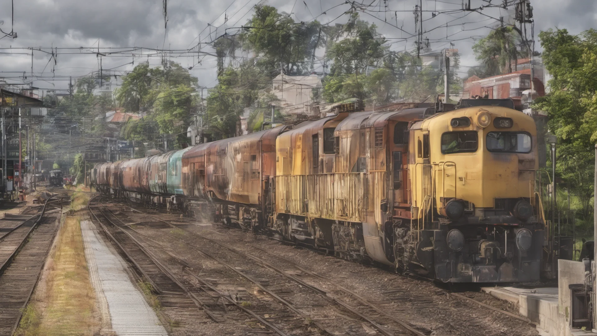 diesel trainarriving at dreamy train station wide