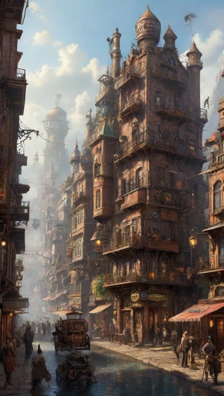 aidigital art steampunk chill town epic lovely detailed world tall