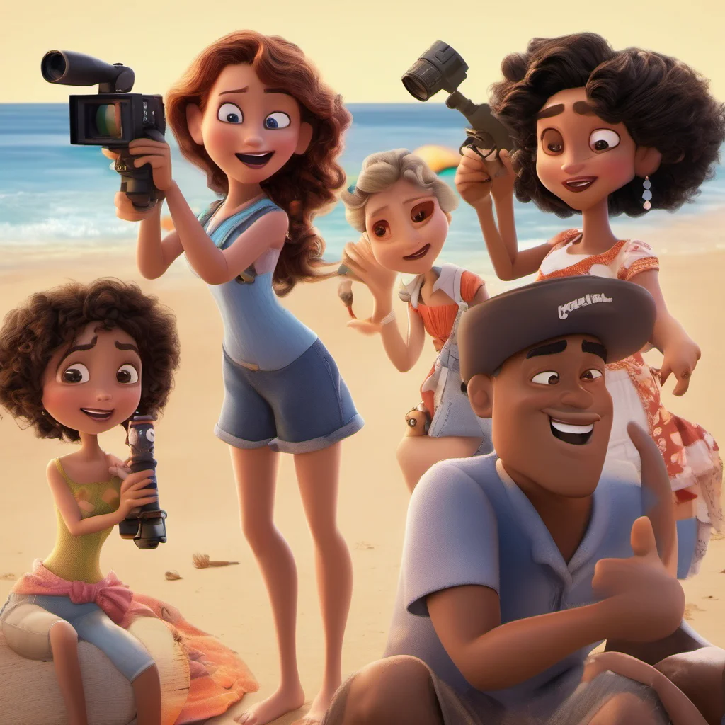 disney pixar movie poster about 3 women and 3 men shooting a video on the beach amazing awesome portrait 2