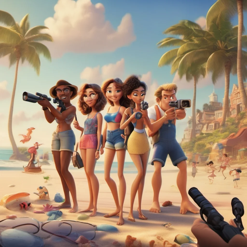 aidisney pixar movie poster about 3 women and 3 men shooting a video on the beach good looking trending fantastic 1