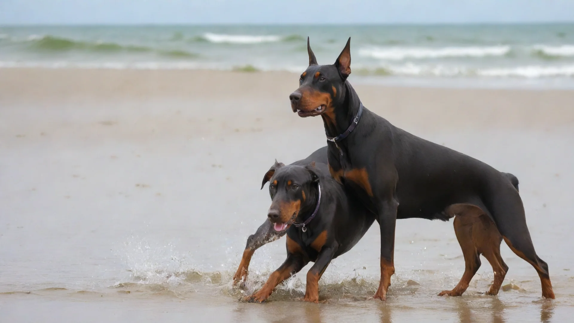 dobermans playing at the beach hdwidescreen