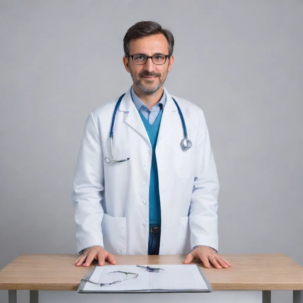 aidoctor with stethoscope and a table in frontal