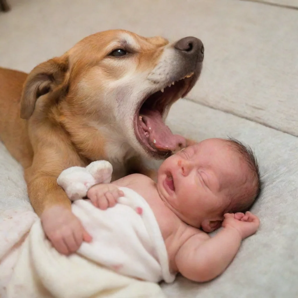 aidog barking at a newborn baby