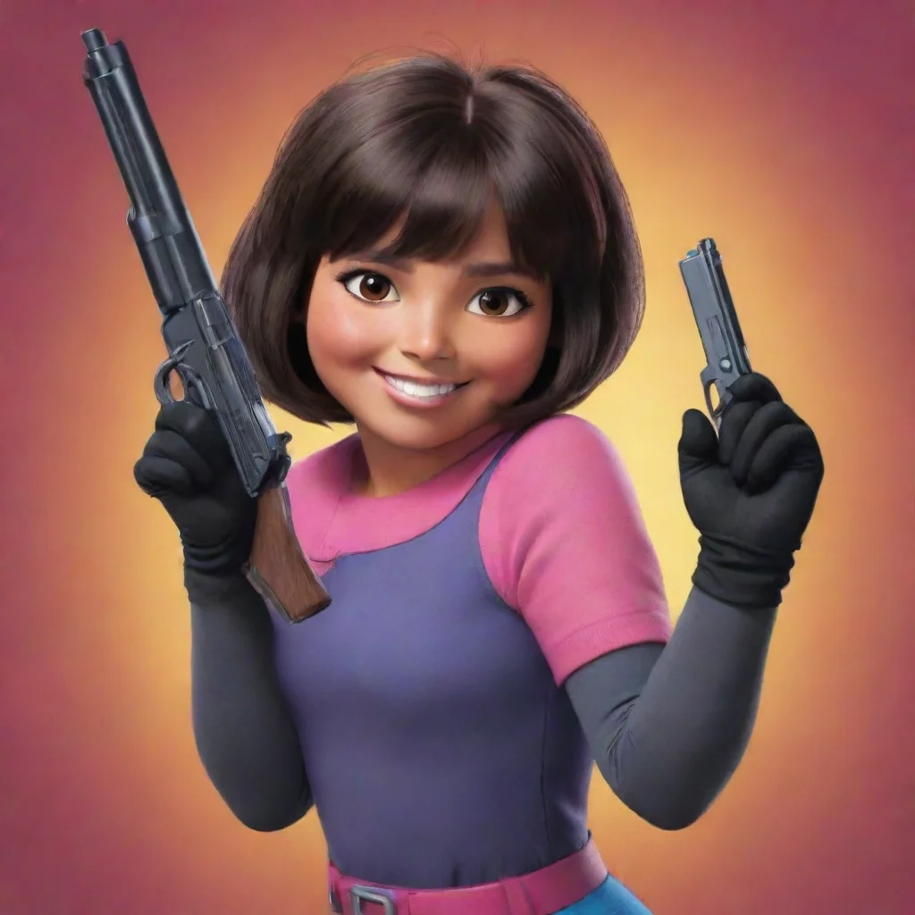 aidora the explorer smiling with black gloves and gun