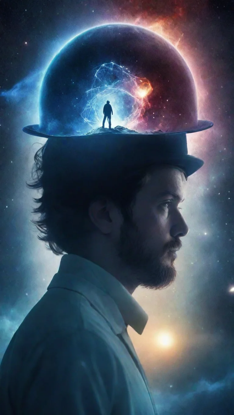 double exposure odl hat scientist outline exposure behind the beautiful universe space exploration mysterious mystery sci fi epic escape the universe film poster best quality tall