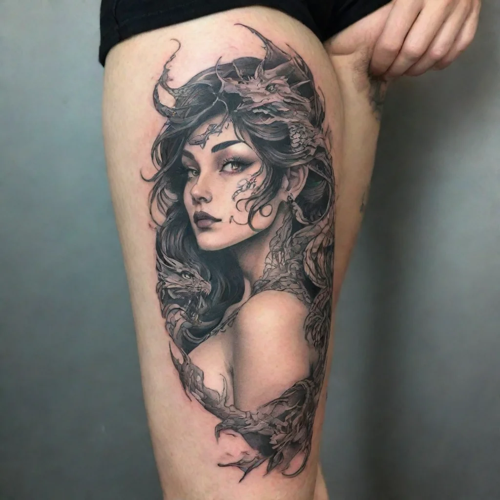 dragon woman fine line tattoo