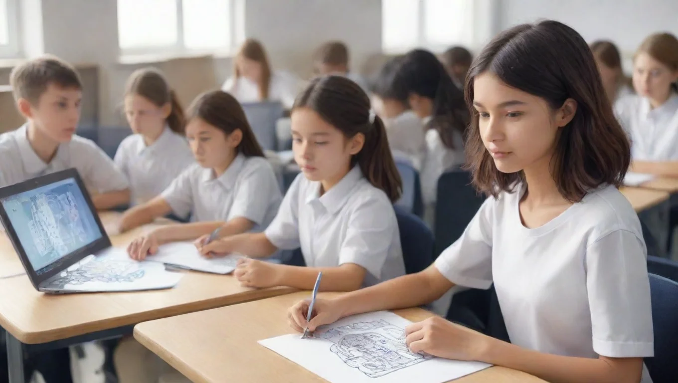 aidraw a cover that includes students in a school using ai learning courses 20 years later. it is innovative and has a sense of technology. widescreen