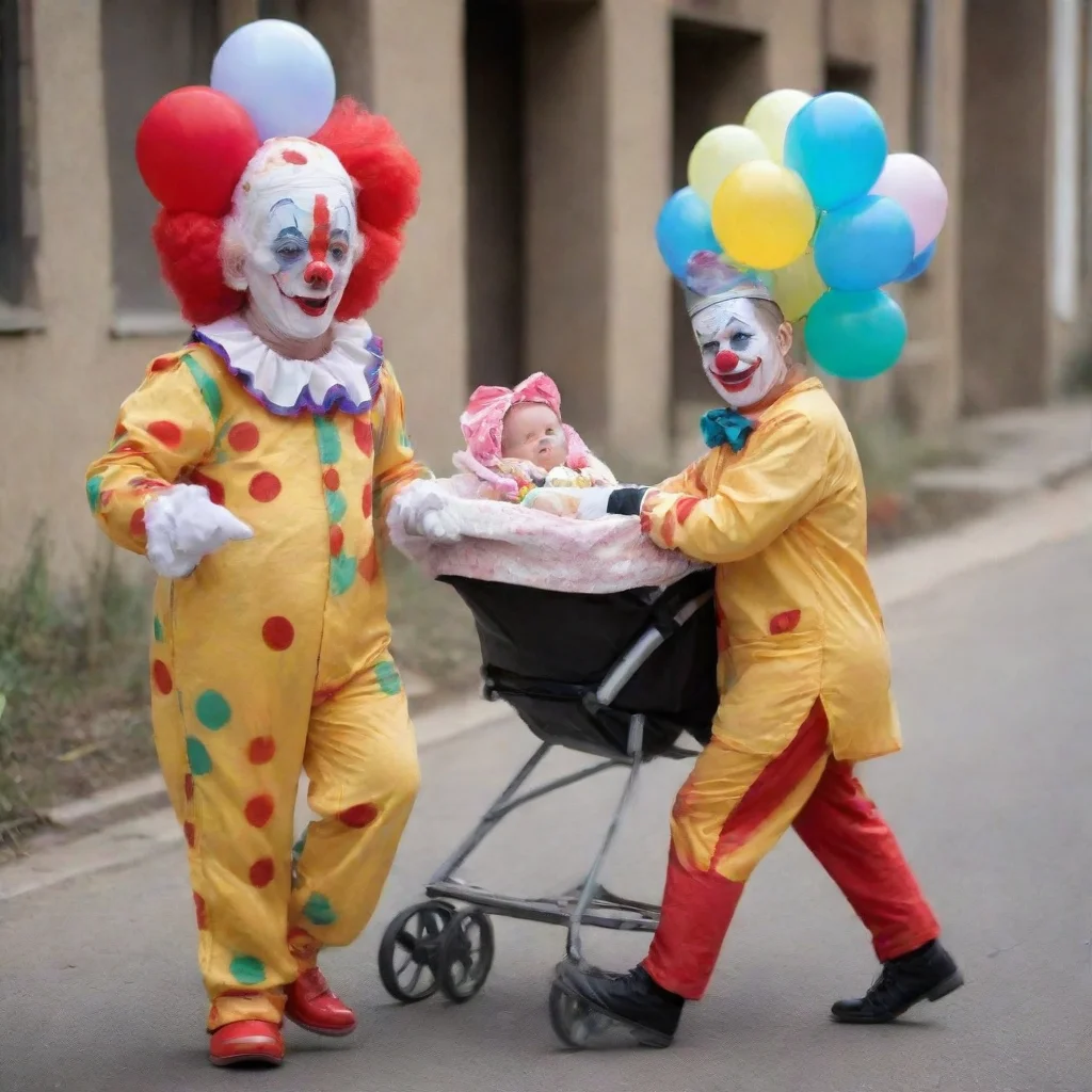 aidressed clown pushing a buggy with a newborn baby in it