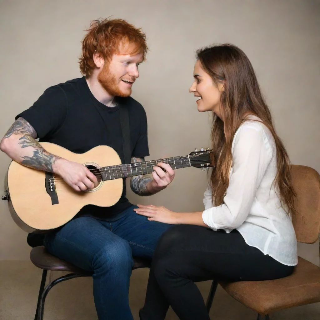 aied sheeran giving a white brunette woman with long hair a guitar lesson