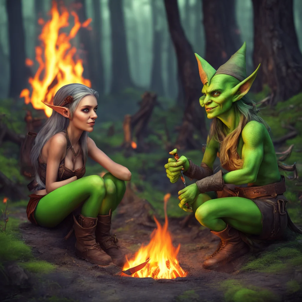 aielf female flirting with a goblin on campfire good looking trending fantastic 1