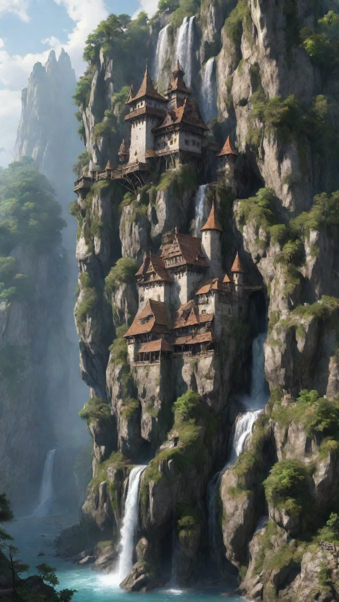aielfish castle on extreme cliff overhangs caves hd detailed realistic asthetic lovely waterfalls tall