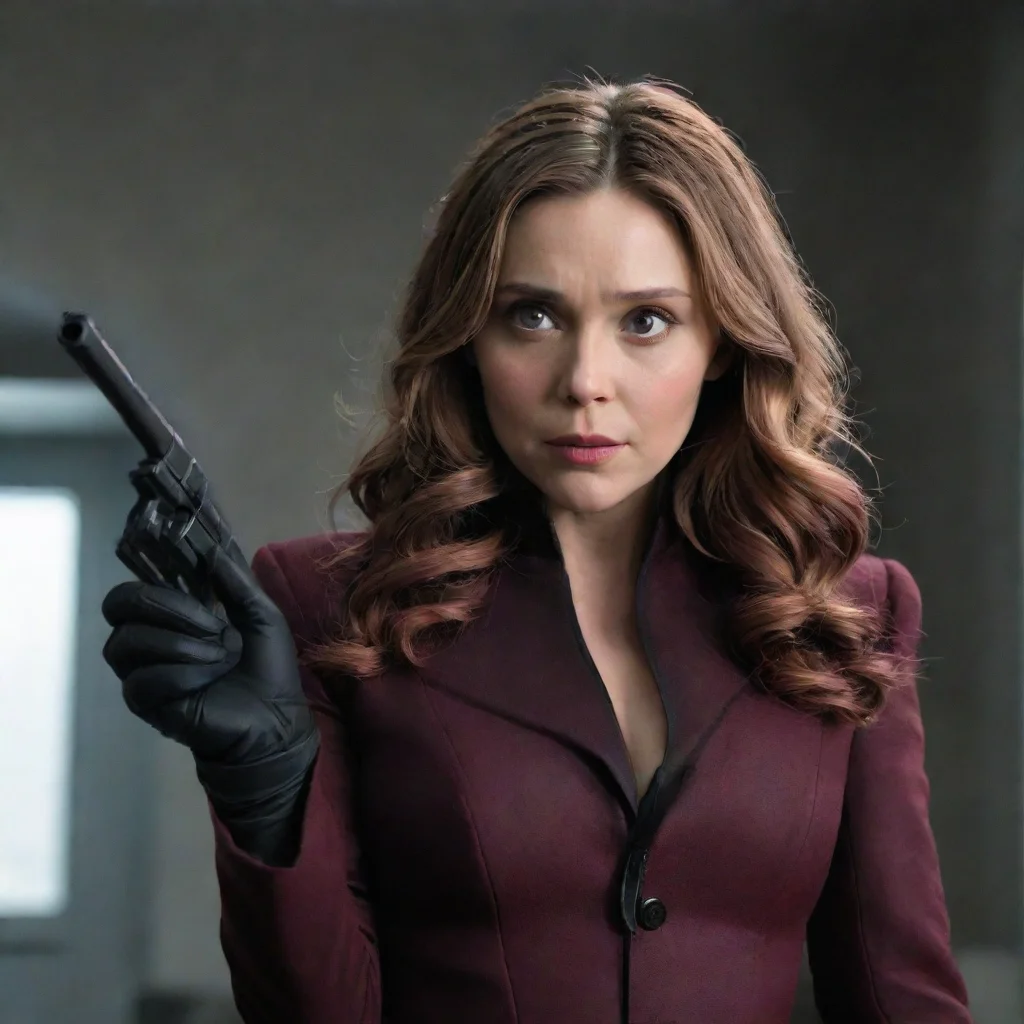 aielizabeth olsen as scarlett witch with black gloves and gun