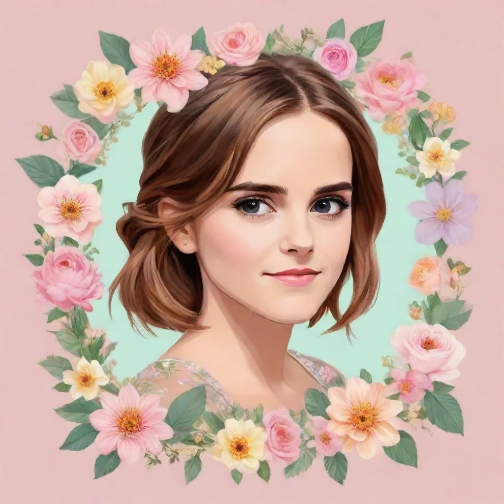 aiemma watson cartoonize pastel graphic with flower frame. make the flower frame around picture 