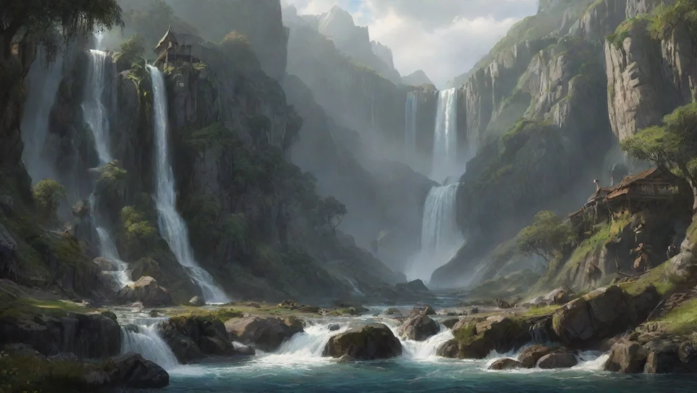 aienvironment art hd waterfalls surrounding elfish town lotr vibe aesthetic best quality widescreen