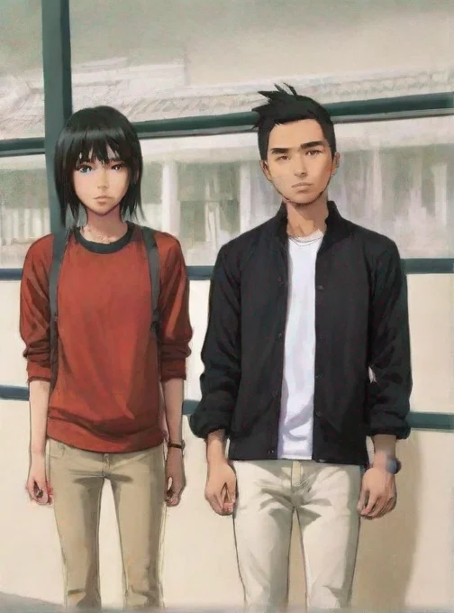 aiepic anime detailed cartoon realistic styled two friends one asian one caucasion standing side by side