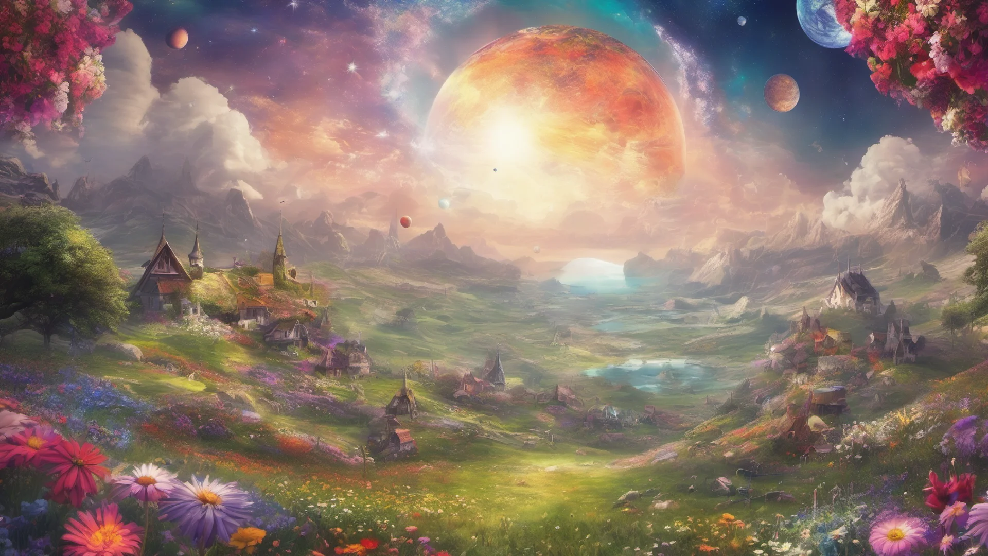 aiepic fantasy background colorful flower meadows village covered in flowers two saturn ringed planets overhead amazing awesome portrait 2 wide