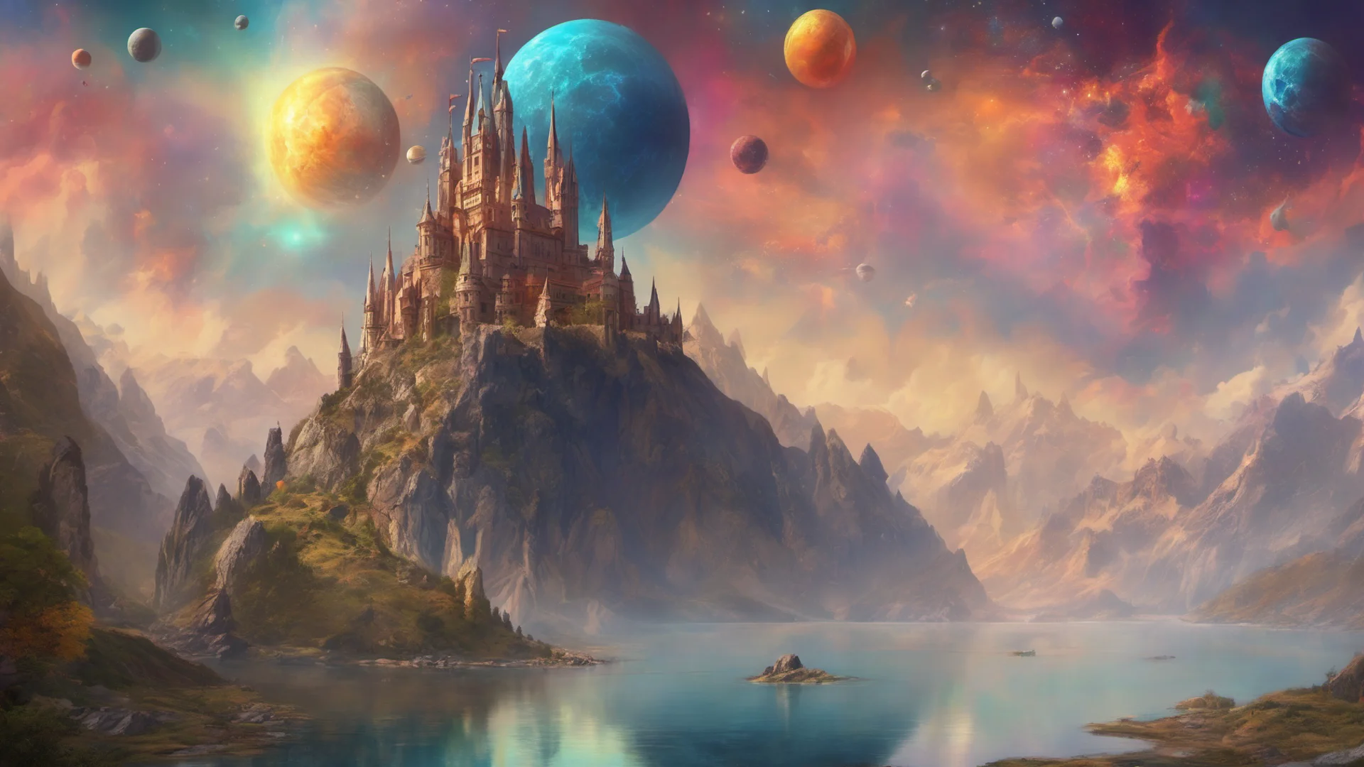 aiepic fantasy environment castle on tall mountain lakes sky with many colorful planets   amazing awesome portrait 2 wide