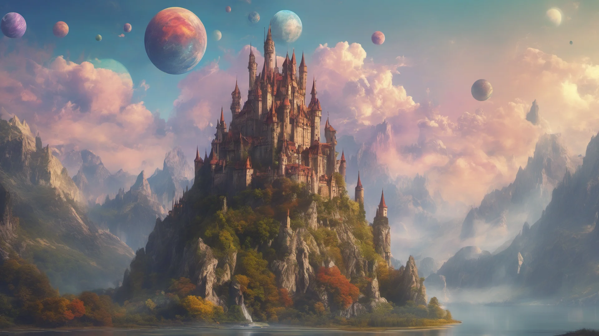 aiepic fantasy environment castle on tall mountain lakes sky with many colorful planets   good looking trending fantastic 1 wide
